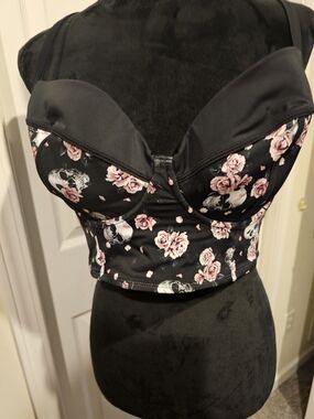 Black Floral & Skull Bustier Bikini Set with Pink Roses